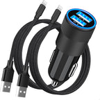 【Mfi Certified】Iphone Car Charger Fast Charging,  4.8A Dual USB Smart Power Cigarette Lighter USB Car Charger with 2Pack Lightning Braided Cable for Iphone 14 13 12 11 Pro XS Mini XR X SE Ipad