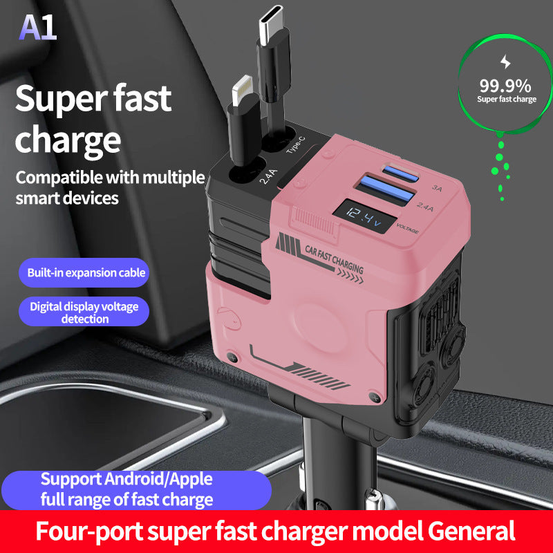 Chargeur Voiture Intelligent 4-en-1 – 50W, USB-C, Câbles Rétractables