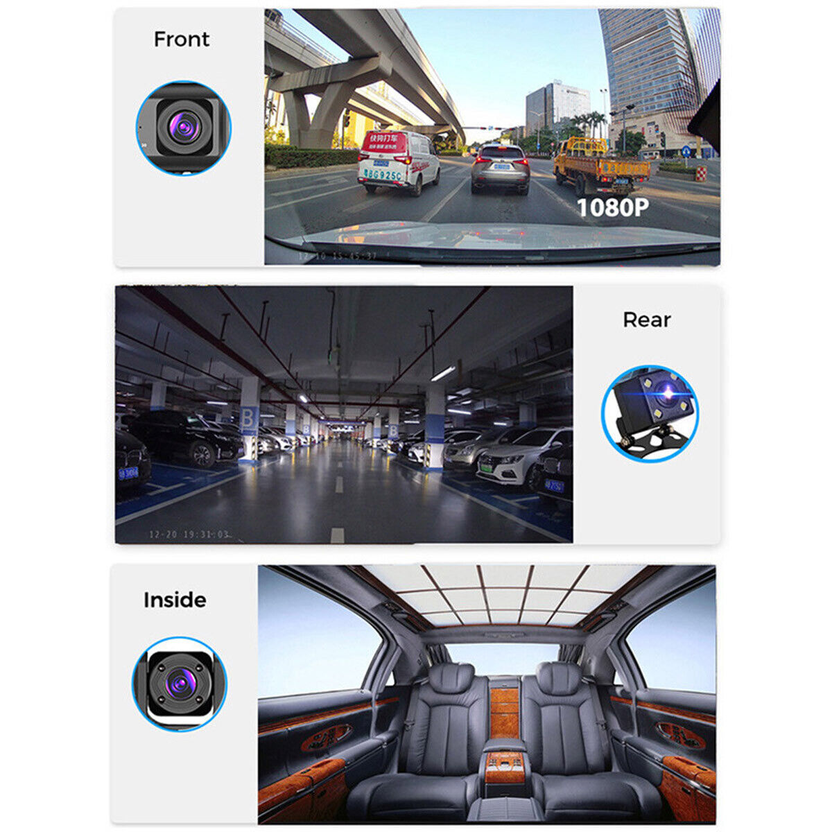 Dash Cam 3 Canaux – Avant + Intérieur + Arrière avec Écran IPS 2’’ et Surveillance Parking