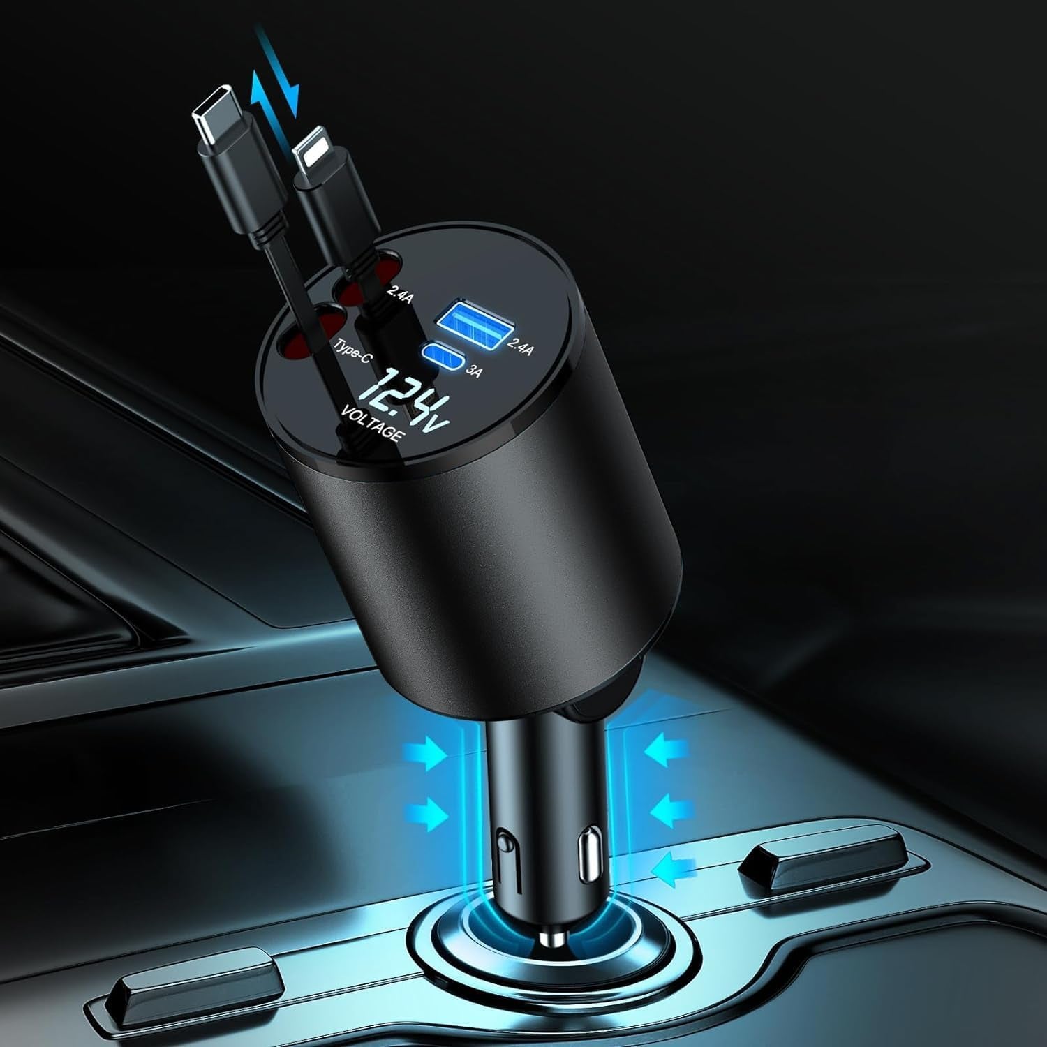Chargeur Voiture Rétractable 4-en-1 – Rapide, Compact et Multi-Appareils