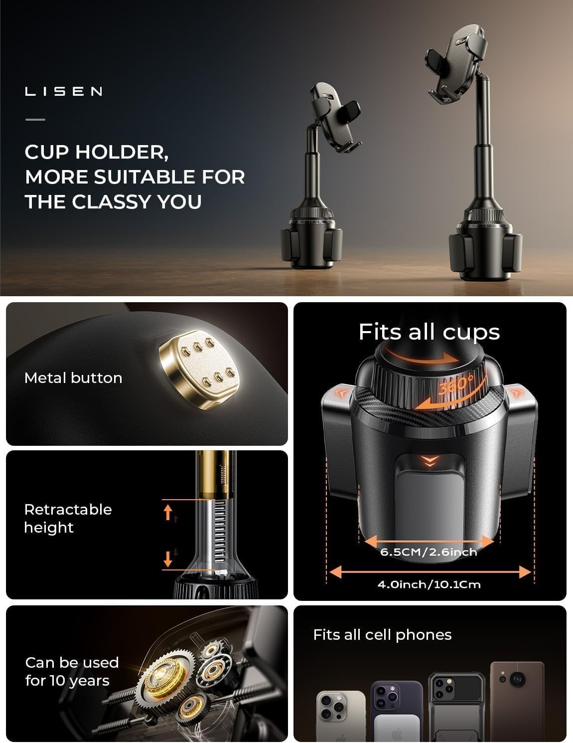 Cup Phone Holder for Car No Shaking Car Phone Holder Mount, 360° Adjustable Car Accessories for Women Truck Jeep, Golf Accessories for Iphone 16E 16 15 14 13 Pro Max Samsung S25 All 4-17'' Phone
