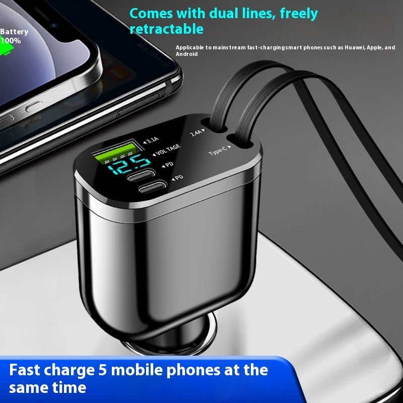 Chargeur Voiture Intelligent 100W – USB + PD + Câbles Intégrés
