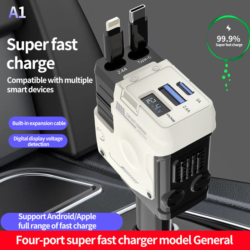 Chargeur Voiture Intelligent 4-en-1 – 50W, USB-C, Câbles Rétractables