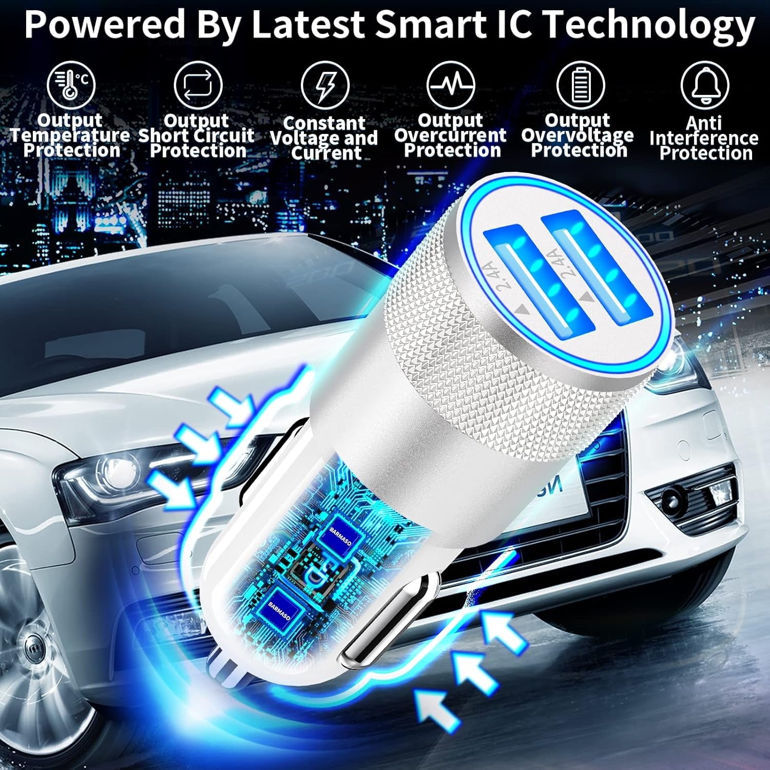 【Mfi Certified】Iphone Fast Car Charger,  4.8A Dual USB Smart Car Power Cigarette Lighter USB Fast Car Charging Adapter with 2Pack Lightning Cable for Iphone 14 13 12 11 Pro Max/Xs/Xr/X/Se/Ipad