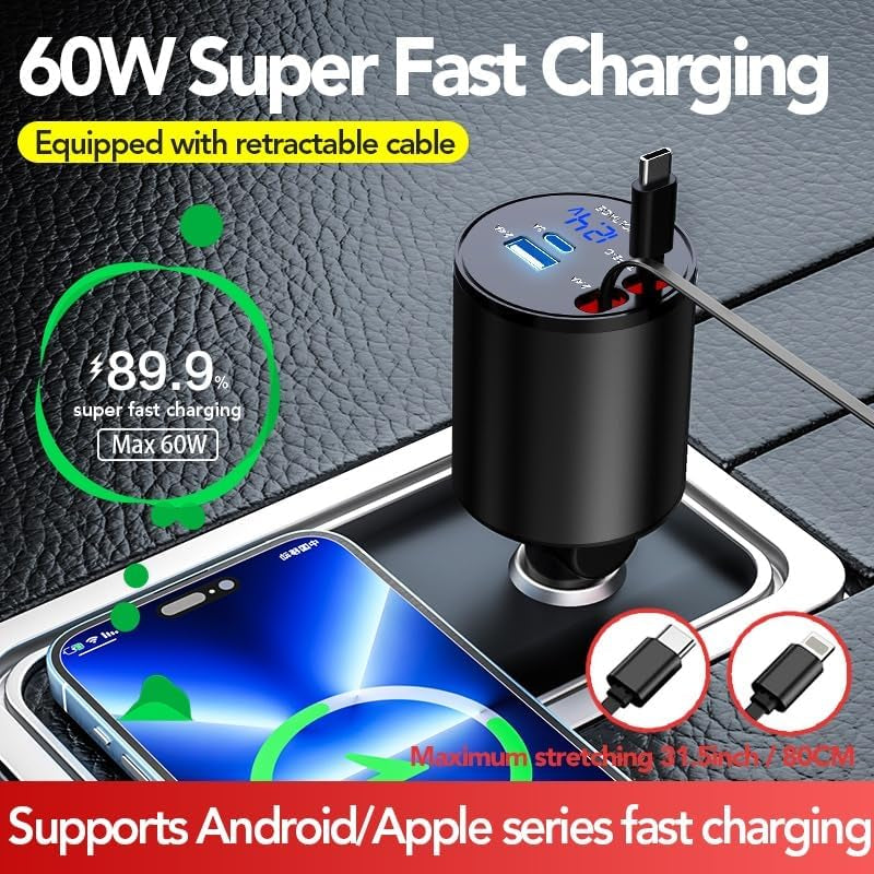 Chargeur Voiture Rétractable 4-en-1 – Rapide, Compact et Multi-Appareils