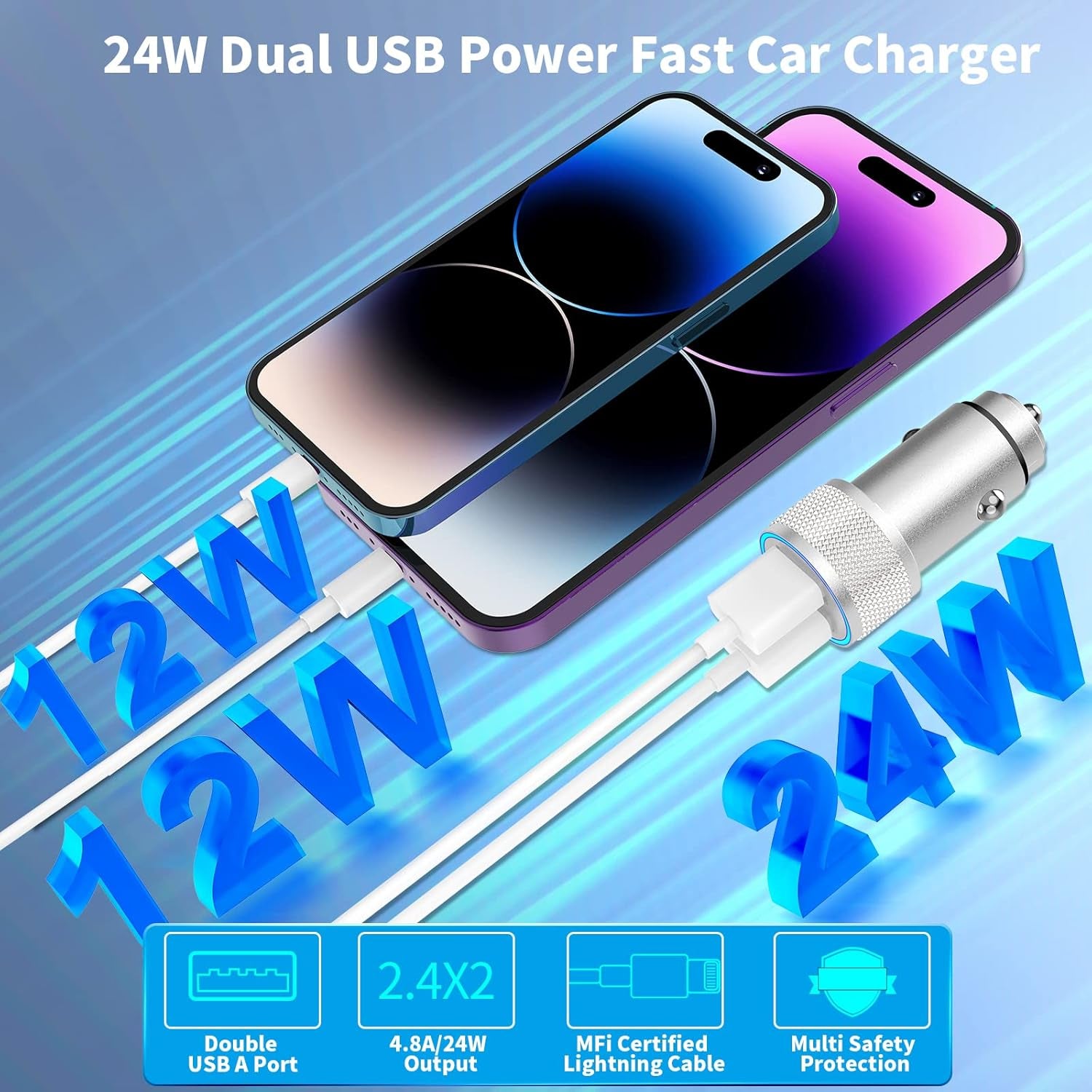 【Mfi Certified】Iphone Fast Car Charger,  4.8A Dual USB Smart Car Power Cigarette Lighter USB Fast Car Charging Adapter with 2Pack Lightning Cable for Iphone 14 13 12 11 Pro Max/Xs/Xr/X/Se/Ipad