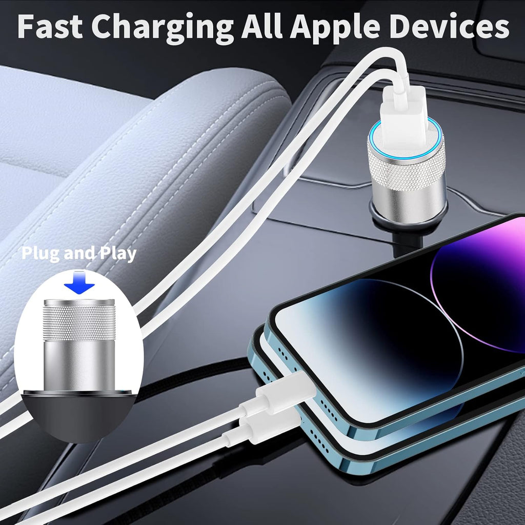 【Mfi Certified】Iphone Fast Car Charger,  4.8A Dual USB Smart Car Power Cigarette Lighter USB Fast Car Charging Adapter with 2Pack Lightning Cable for Iphone 14 13 12 11 Pro Max/Xs/Xr/X/Se/Ipad