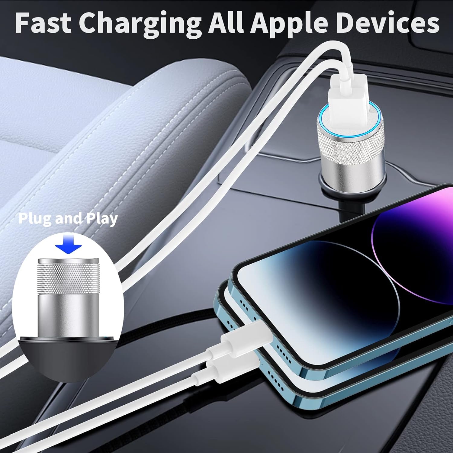 【Mfi Certified】Iphone Fast Car Charger,  4.8A Dual USB Smart Car Power Cigarette Lighter USB Fast Car Charging Adapter with 2Pack Lightning Cable for Iphone 14 13 12 11 Pro Max/Xs/Xr/X/Se/Ipad