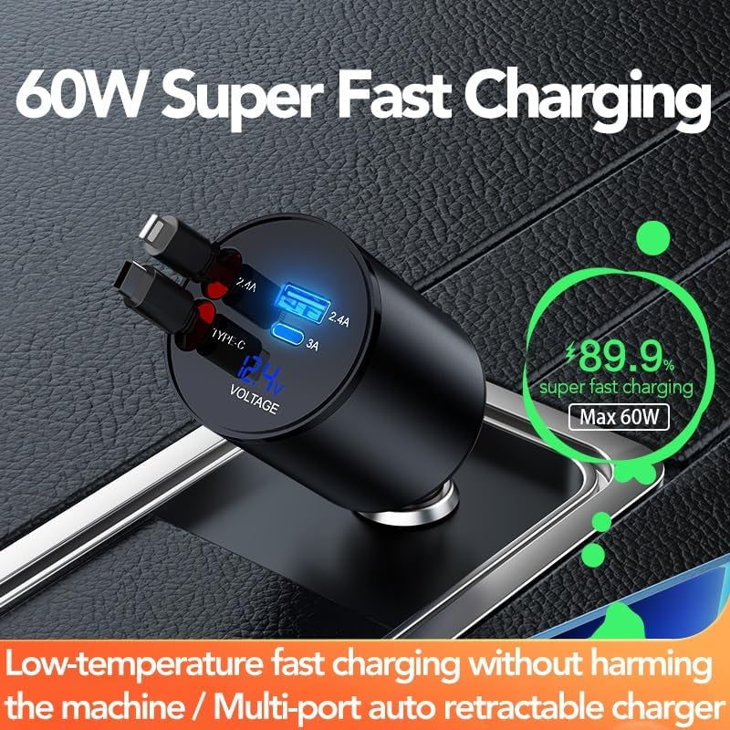 Chargeur Voiture Rétractable 4-en-1 – Rapide, Compact et Multi-Appareils