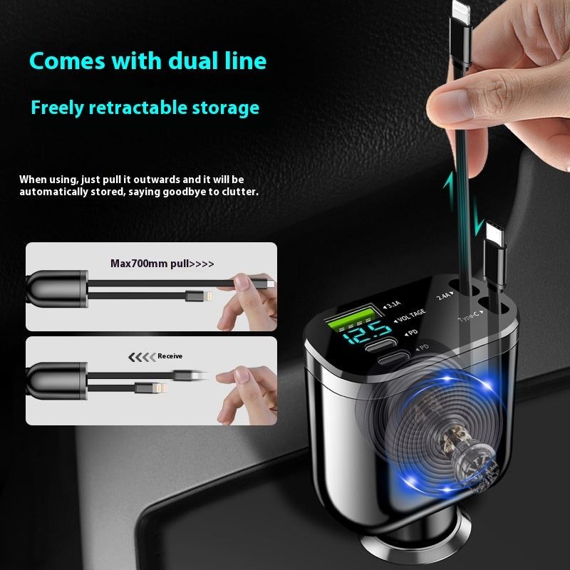 Chargeur Voiture Intelligent 100W – USB + PD + Câbles Intégrés