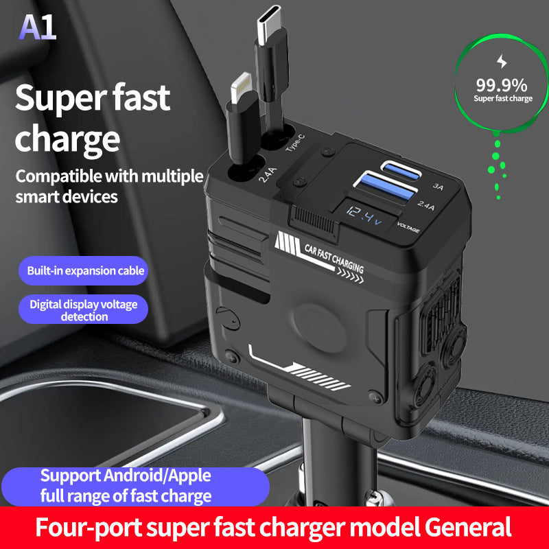 Chargeur Voiture Intelligent 4-en-1 – 50W, USB-C, Câbles Rétractables
