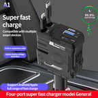 Chargeur Voiture Intelligent 4-en-1 – 50W, USB-C, Câbles Rétractables