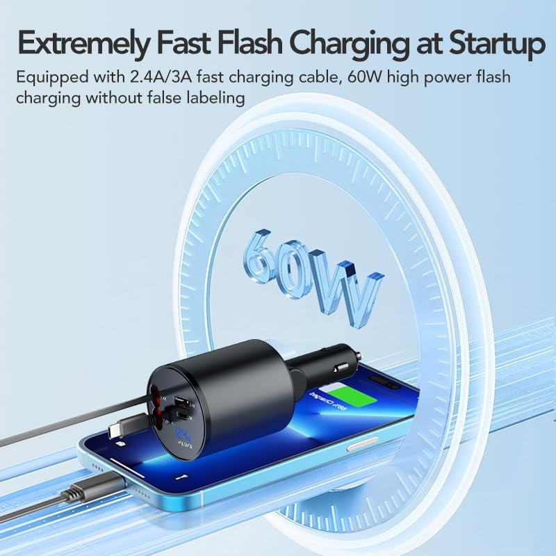 Chargeur Voiture Rétractable 4-en-1 – Rapide, Compact et Multi-Appareils