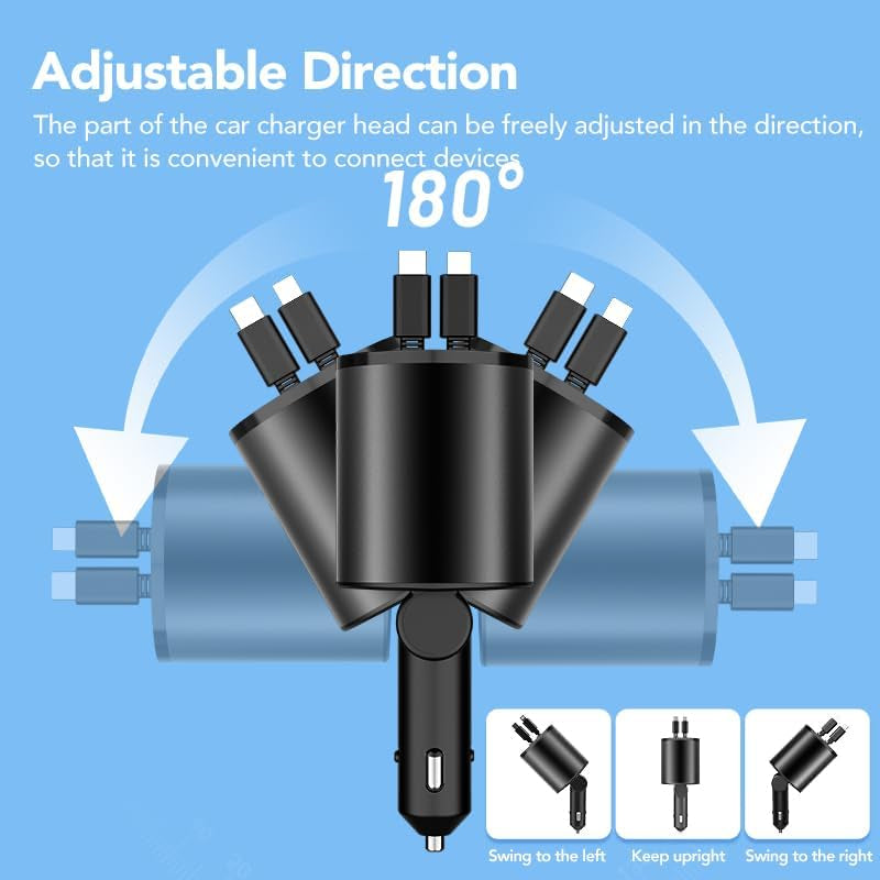 Chargeur Voiture Rétractable 4-en-1 – Rapide, Compact et Multi-Appareils