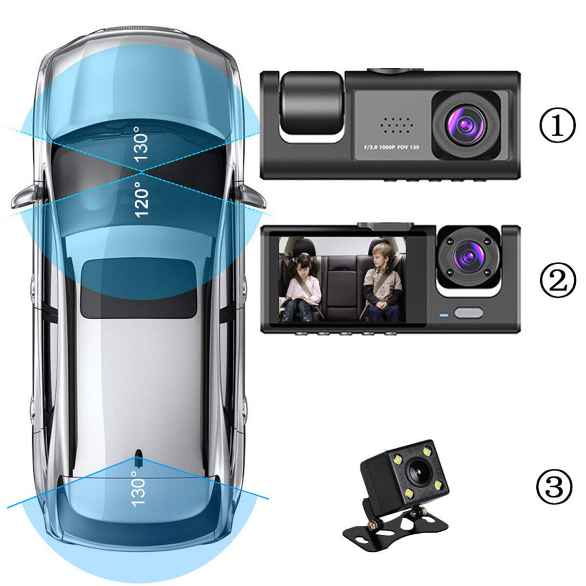 Dash Cam 3 Canaux – Avant + Intérieur + Arrière avec Écran IPS 2’’ et Surveillance Parking