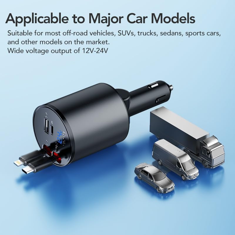 Chargeur Voiture Rétractable 4-en-1 – Rapide, Compact et Multi-Appareils