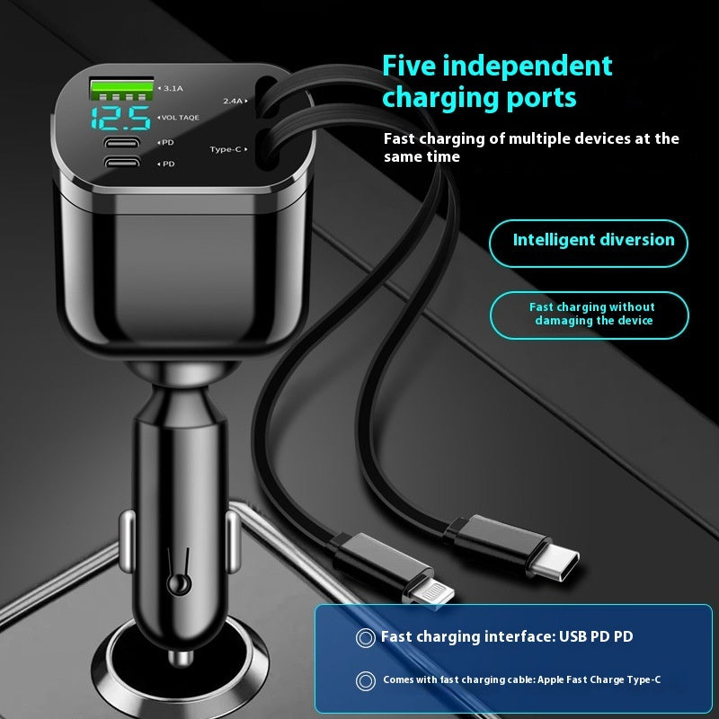 Chargeur Voiture Intelligent 100W – USB + PD + Câbles Intégrés