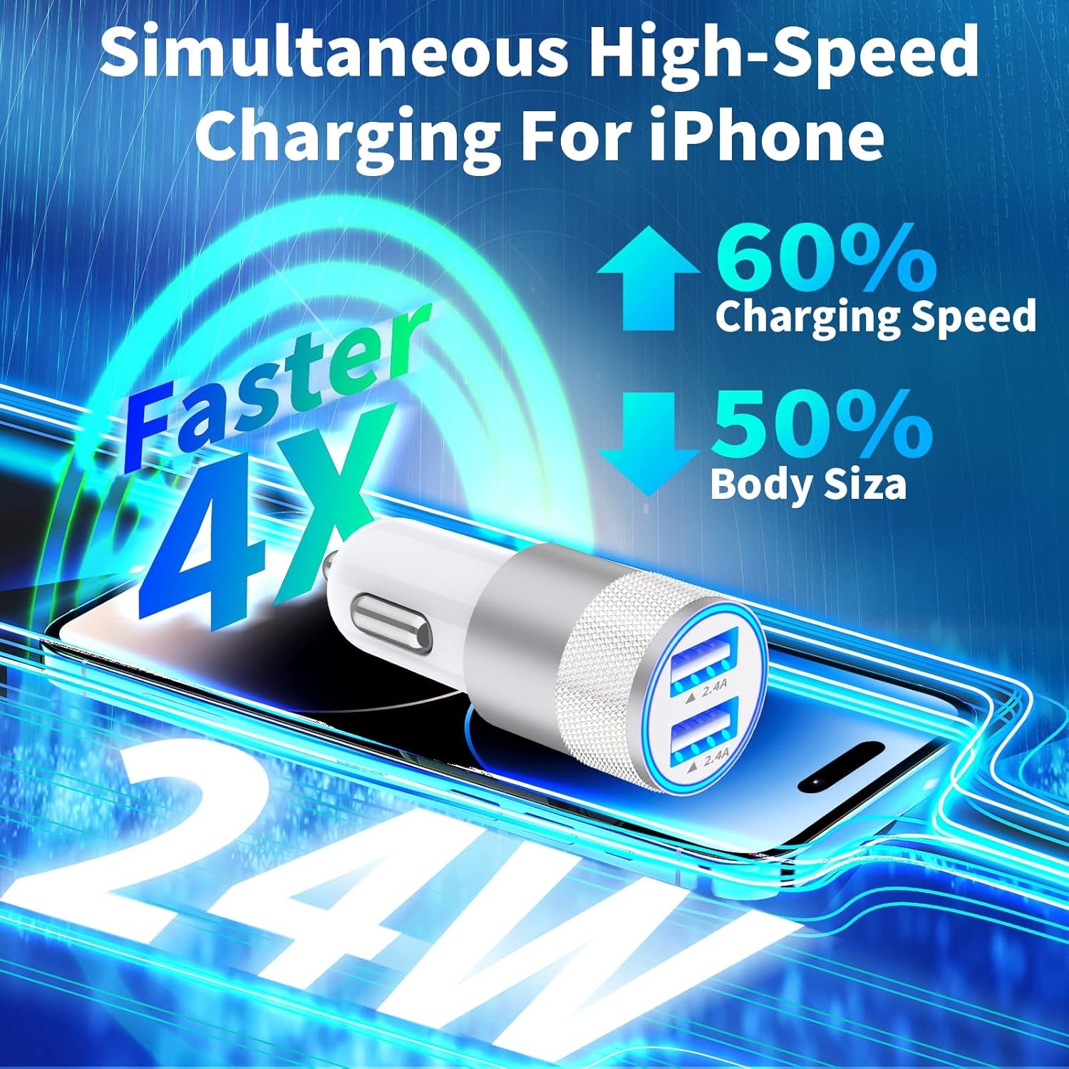 【Mfi Certified】Iphone Fast Car Charger,  4.8A Dual USB Smart Car Power Cigarette Lighter USB Fast Car Charging Adapter with 2Pack Lightning Cable for Iphone 14 13 12 11 Pro Max/Xs/Xr/X/Se/Ipad