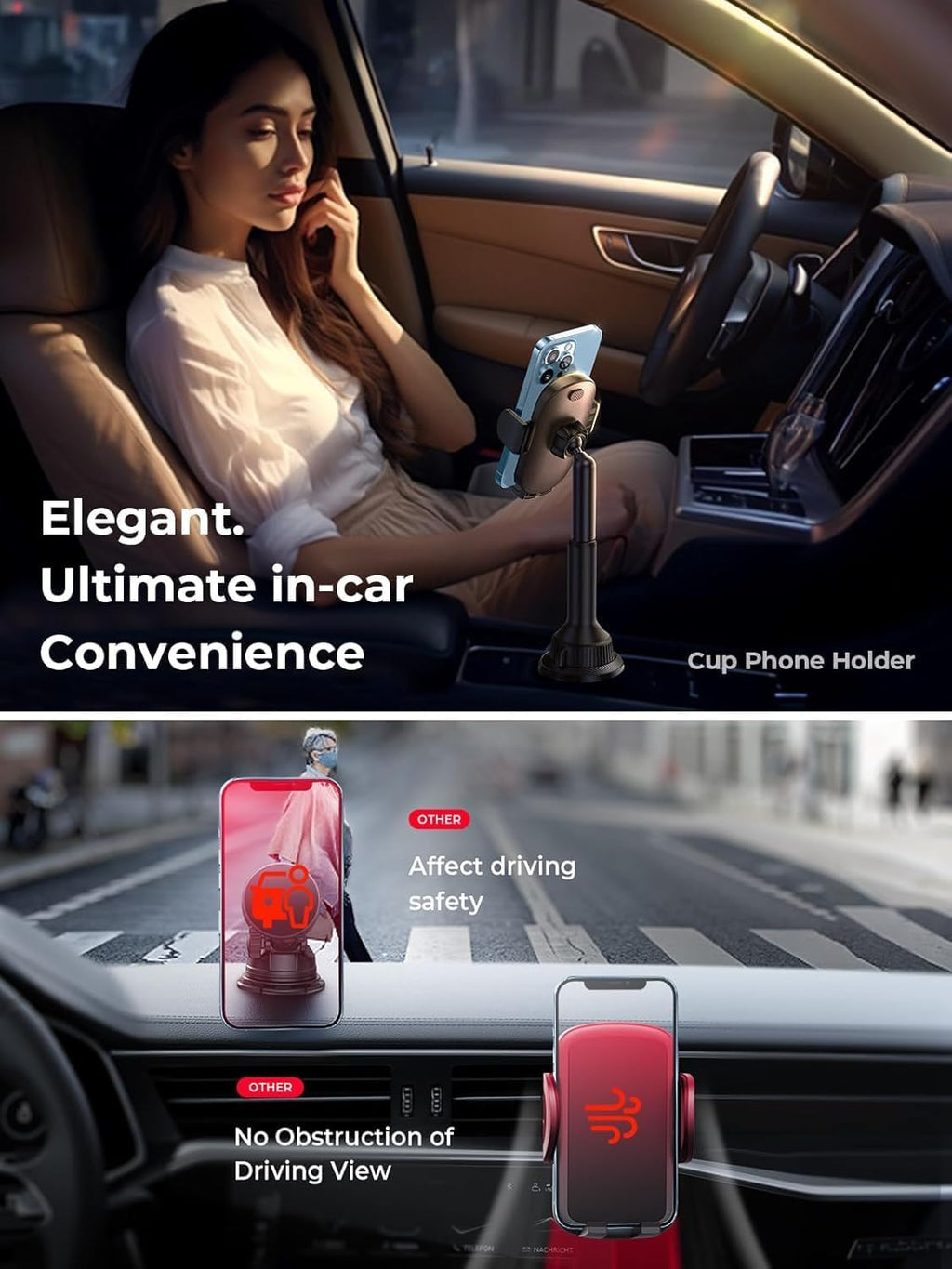 Cup Phone Holder for Car No Shaking Car Phone Holder Mount, 360° Adjustable Car Accessories for Women Truck Jeep, Golf Accessories for Iphone 16E 16 15 14 13 Pro Max Samsung S25 All 4-17'' Phone
