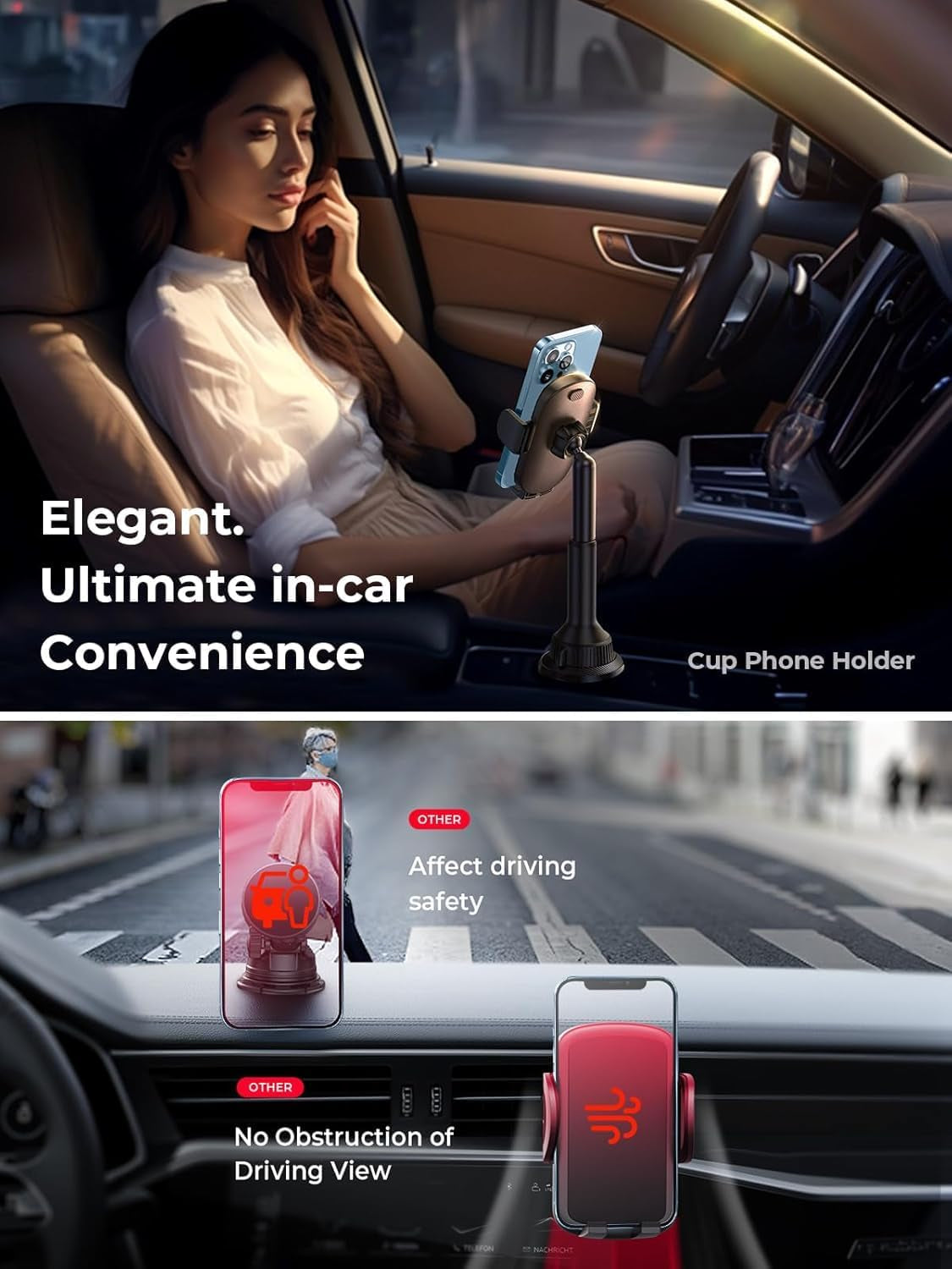 Cup Phone Holder for Car No Shaking Car Phone Holder Mount, 360° Adjustable Car Accessories for Women Truck Jeep, Golf Accessories for Iphone 16E 16 15 14 13 Pro Max Samsung S25 All 4-17'' Phone