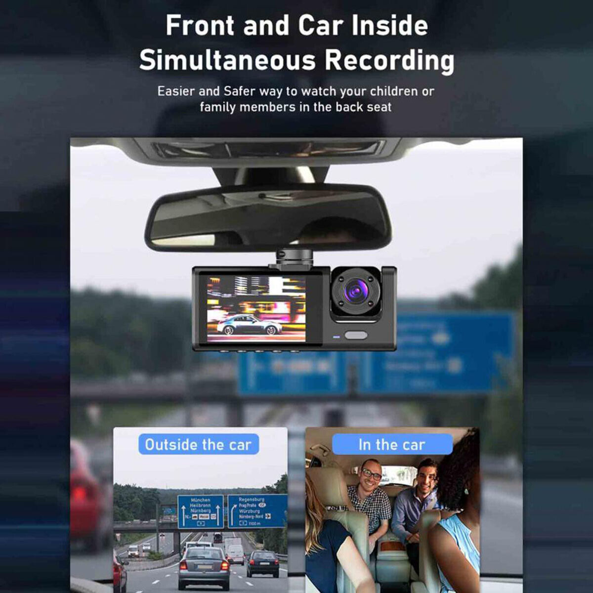 Dash Cam 3 Canaux – Avant + Intérieur + Arrière avec Écran IPS 2’’ et Surveillance Parking