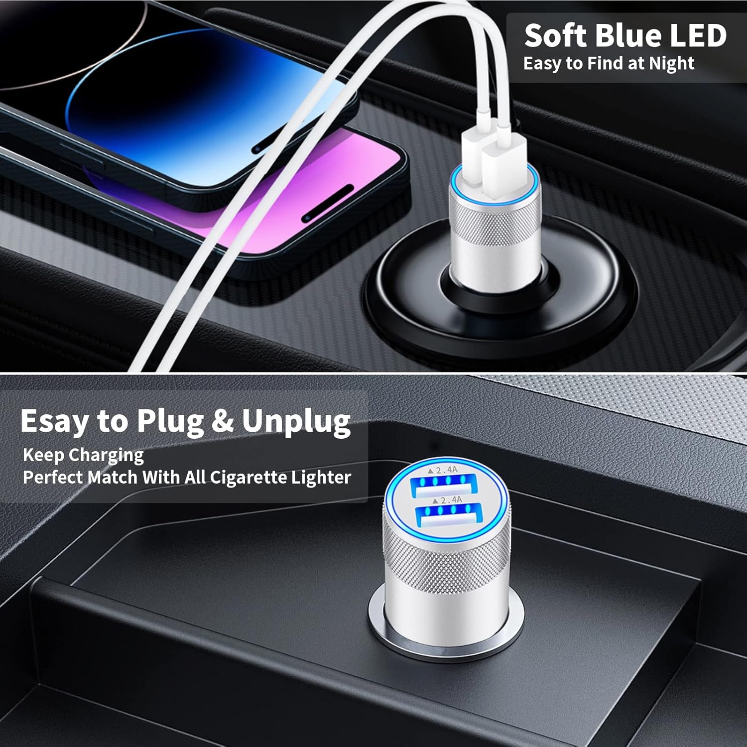 【Mfi Certified】Iphone Fast Car Charger,  4.8A Dual USB Smart Car Power Cigarette Lighter USB Fast Car Charging Adapter with 2Pack Lightning Cable for Iphone 14 13 12 11 Pro Max/Xs/Xr/X/Se/Ipad