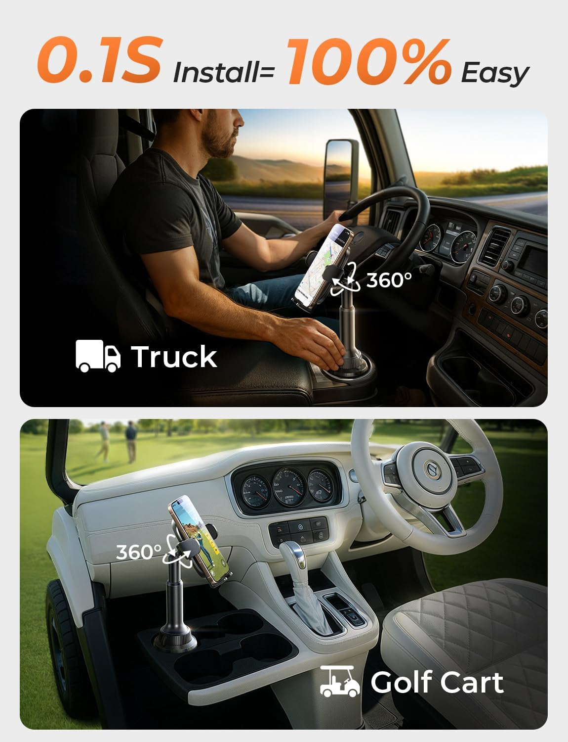 Cup Phone Holder for Car No Shaking Car Phone Holder Mount, 360° Adjustable Car Accessories for Women Truck Jeep, Golf Accessories for Iphone 16E 16 15 14 13 Pro Max Samsung S25 All 4-17'' Phone