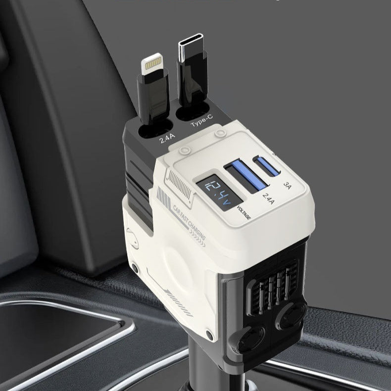 Chargeur Voiture Intelligent 4-en-1 – 50W, USB-C, Câbles Rétractables